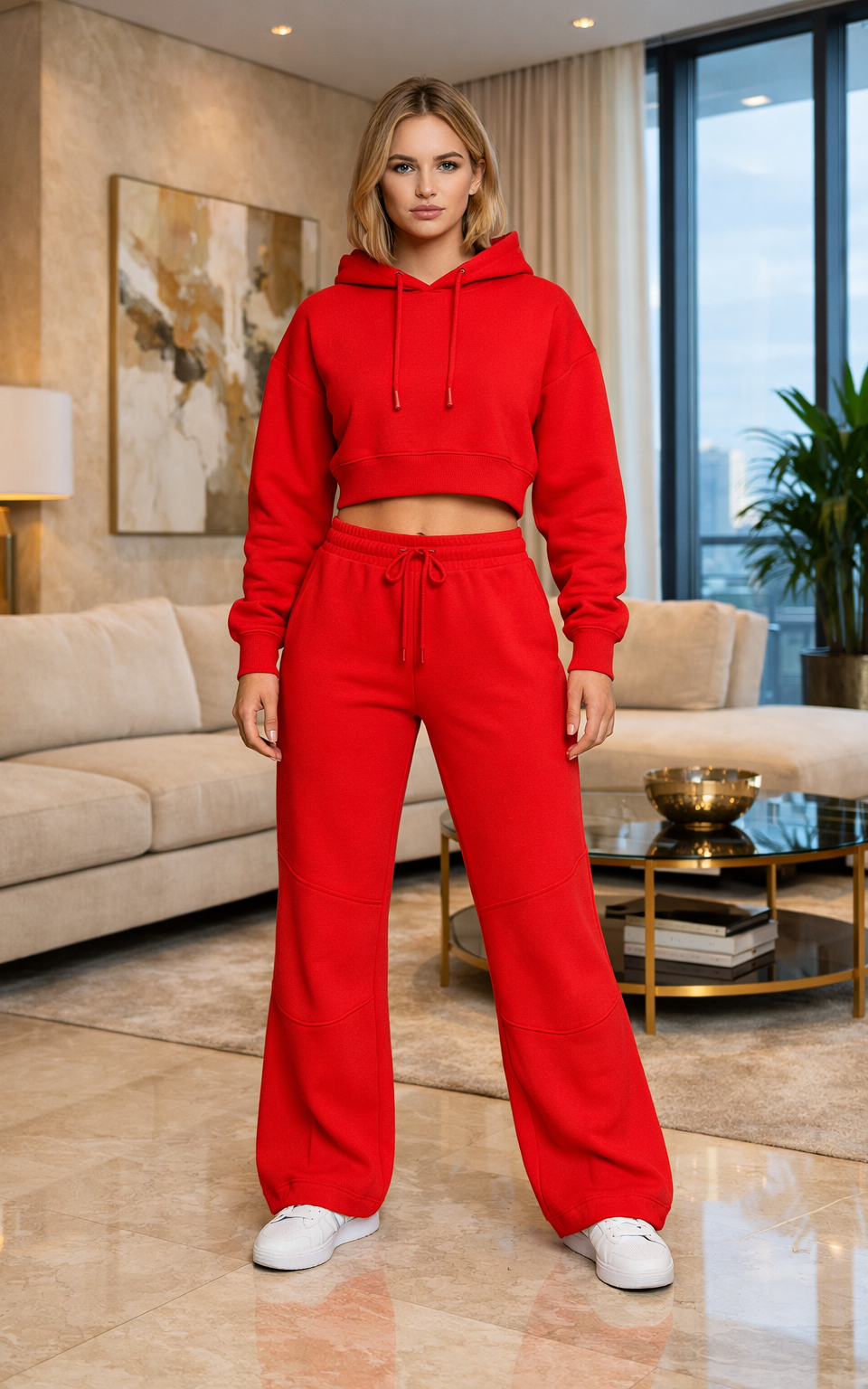 Red Crop Hoodie Tracksuit Red