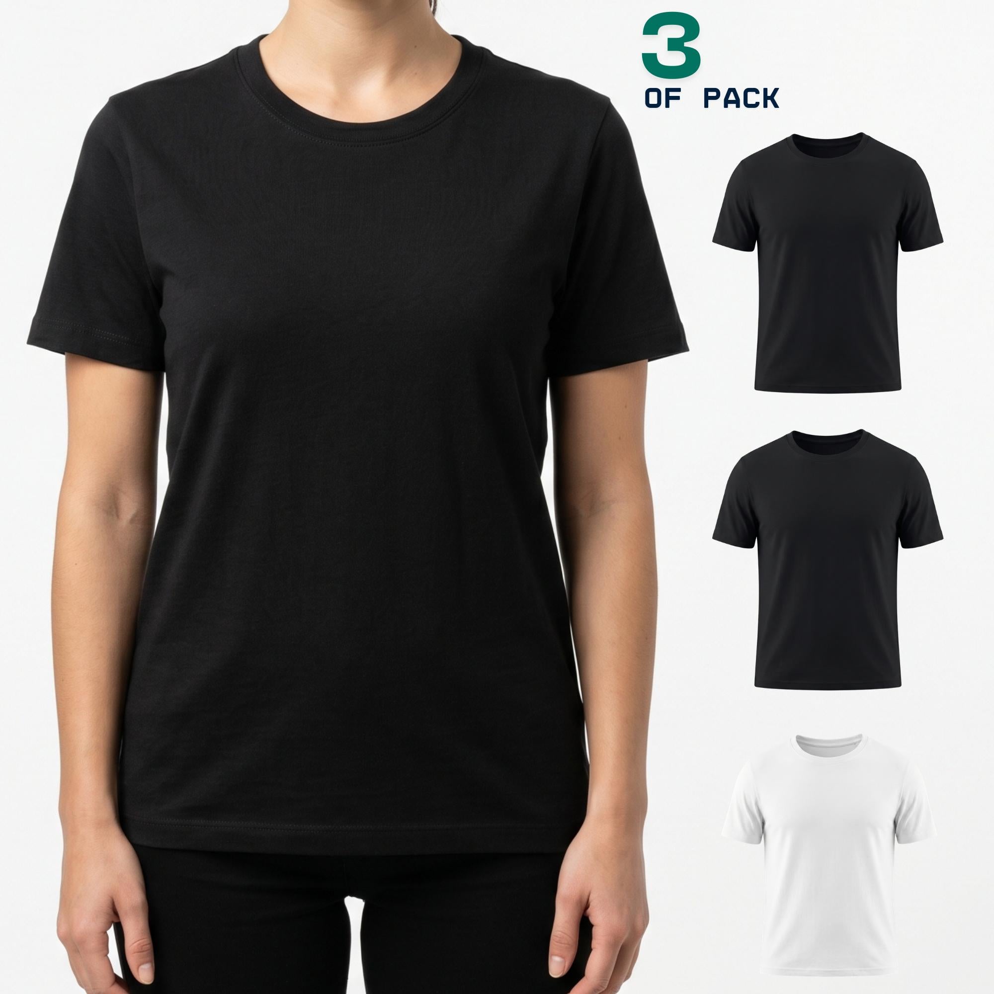 3 Pack Women's 100% Cotton T-Shirts | Soft Breathable Crew Neck Everyday Essential Tees 2 Black + 1 White