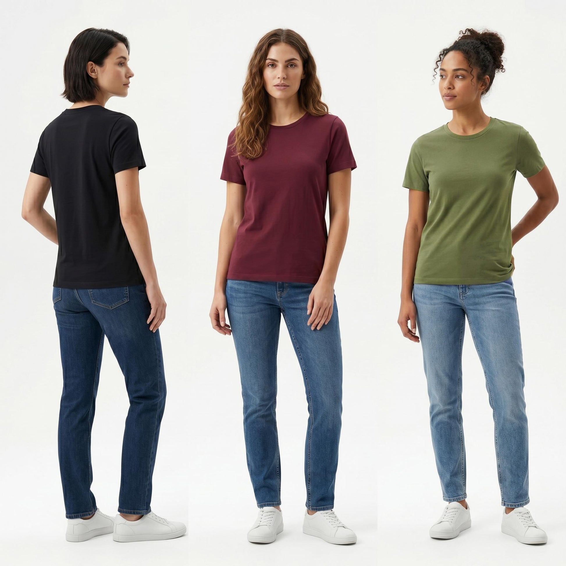 3 Pack Women's 100% Cotton T-Shirts | Soft Breathable Crew Neck Everyday Essential Tees Black Burgandy Green