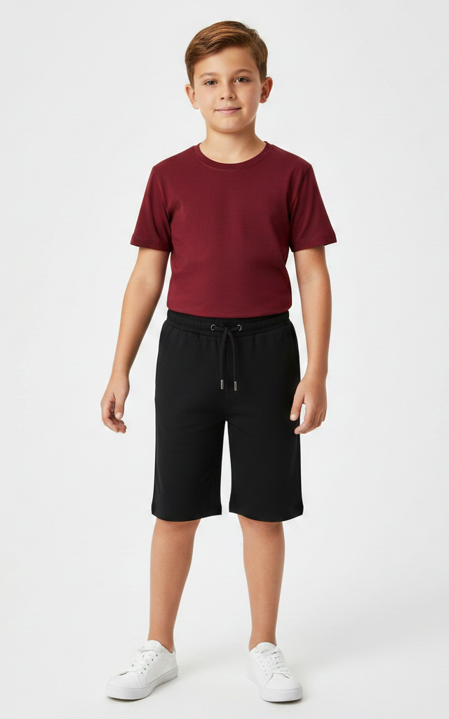 Boys Summer T-Shirt & Shorts Set | 2-Piece Outfit Maroon Shirt + Black Short