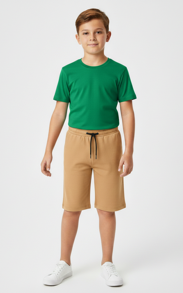 Boys Summer T-Shirt & Shorts Set | 2-Piece Outfit Green Shirt + Camel Short