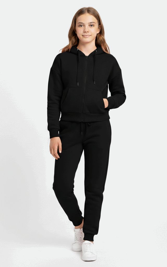 Zipper Hoodie Tracksuit for Girls – Stylish & Cozy Everyday Black