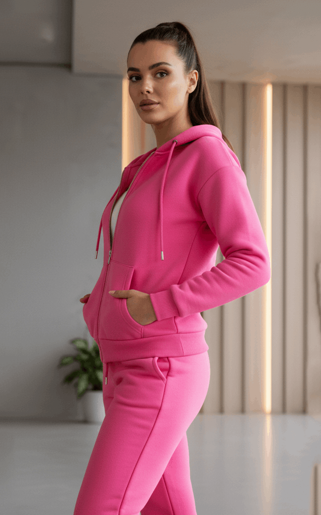 Women's Pink Zip Up Hoodie Tracksuit Set | SKM Outlet