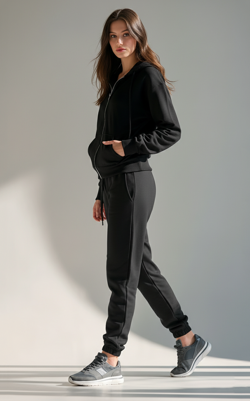 Black Zipper Hoodie Tracksuit Black