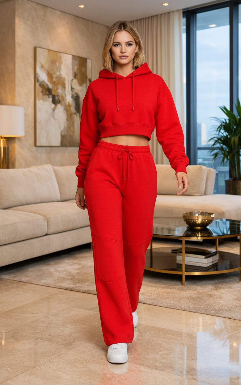 Red Crop Hoodie Tracksuit Red
