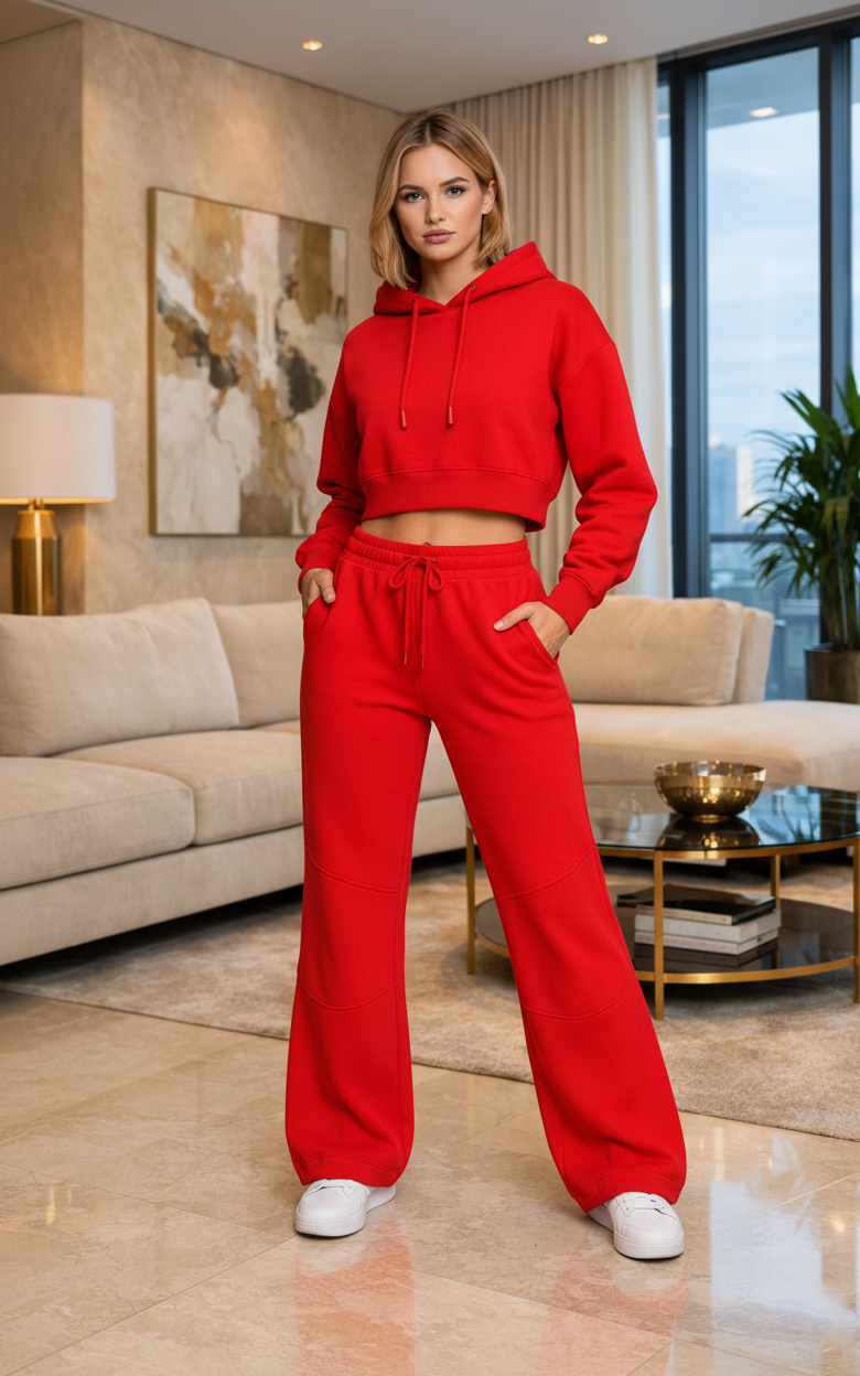 Red Crop Hoodie Tracksuit