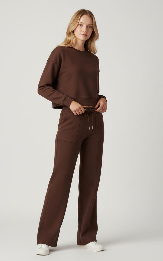 Chocolate Brown Crop Sweatshirt & Flapper Trouser Tracksuit