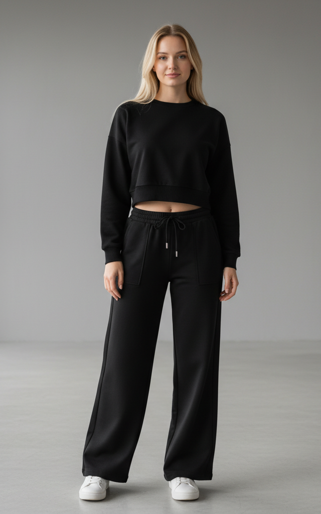 Black Crop Sweatshirt & Flapper Trouser Tracksuit