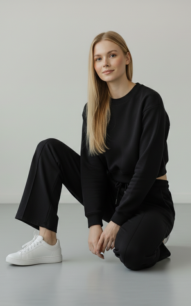 Black Crop Sweatshirt & Flapper Trouser Tracksuit Black