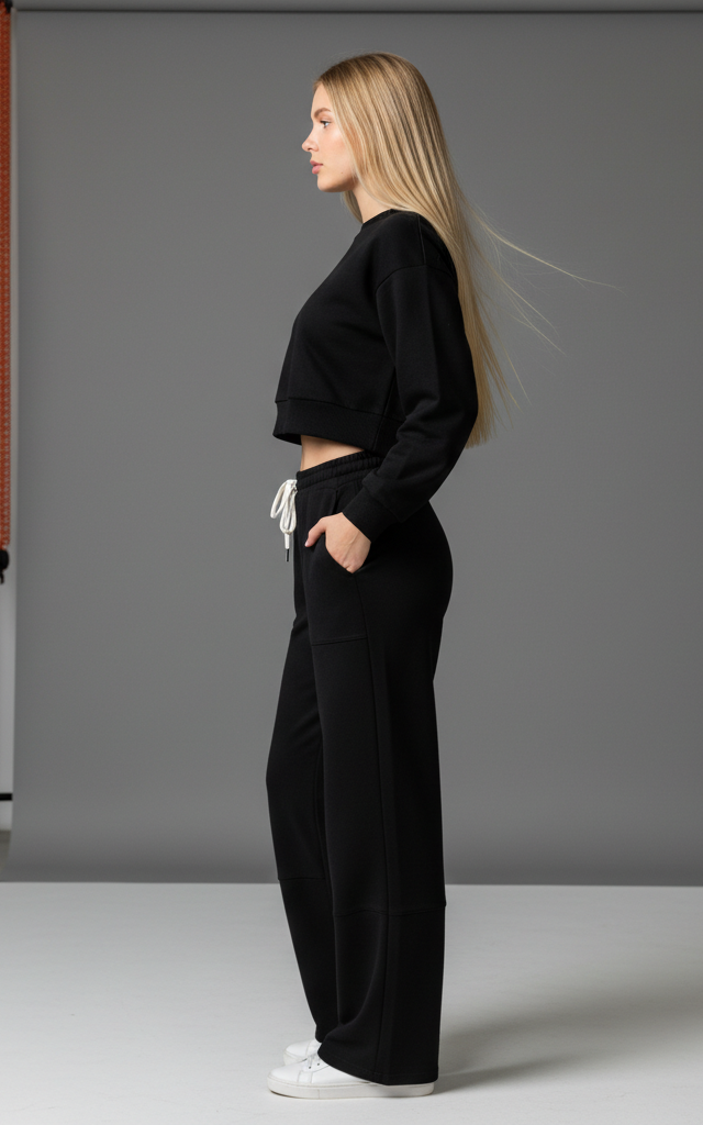 Black Crop Sweatshirt & Flapper Trouser Tracksuit