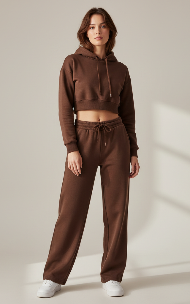 Chocolate Brown Crop Hoodie Tracksuit