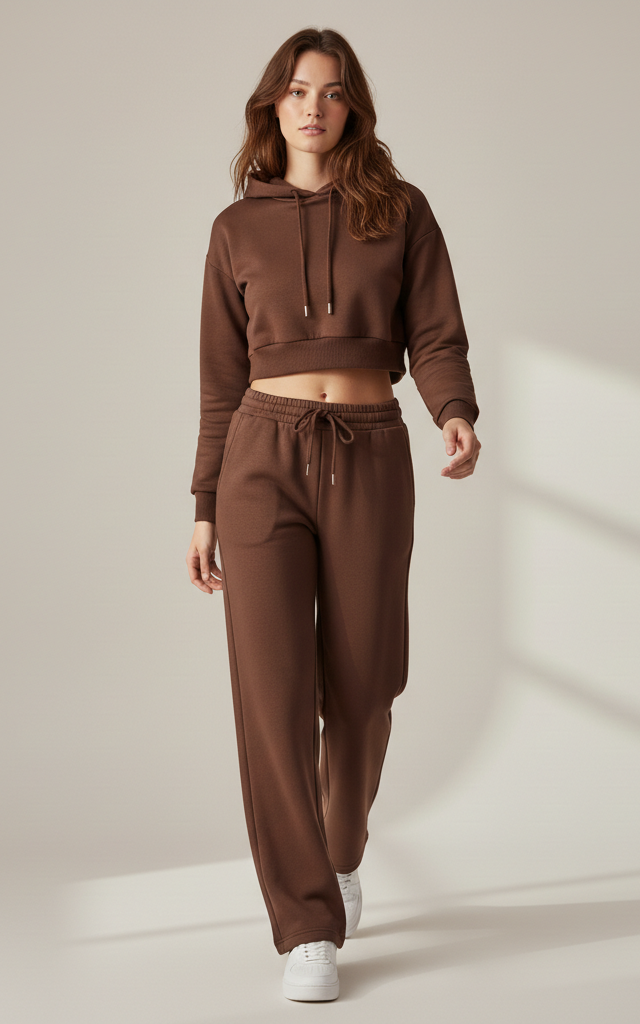 Chocolate Brown Crop Hoodie Tracksuit