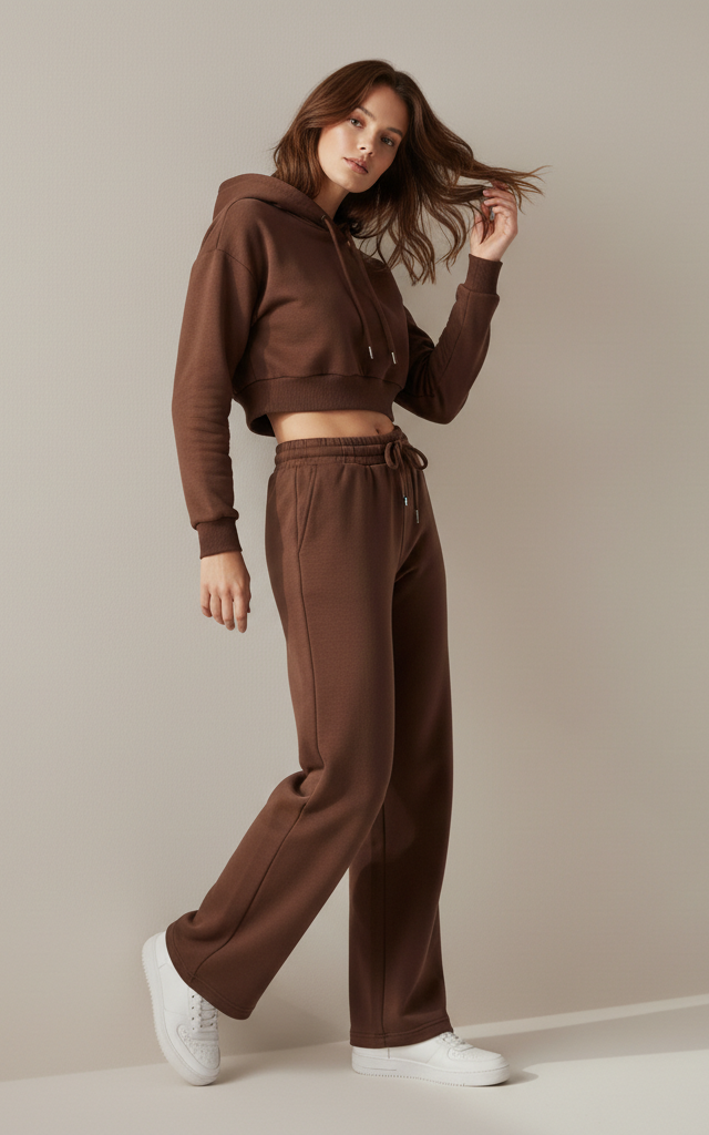Chocolate Brown Crop Hoodie Tracksuit