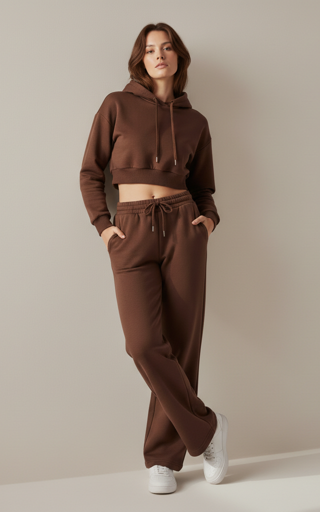Chocolate Brown Crop Hoodie Tracksuit