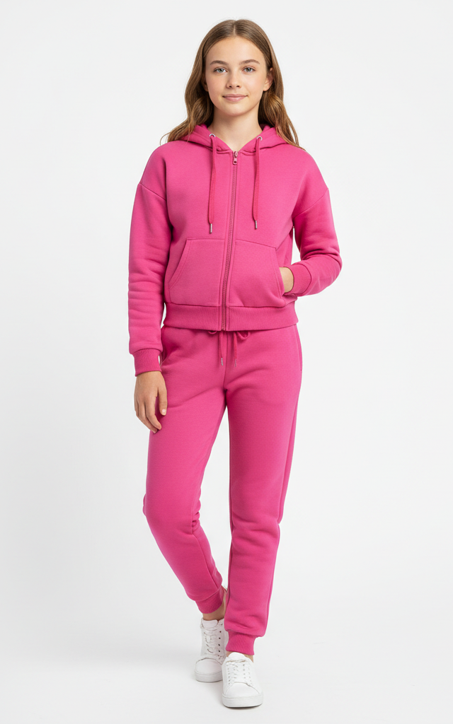 Zipper Hoodie Tracksuit for Girls – Stylish & Cozy Everyday Pink