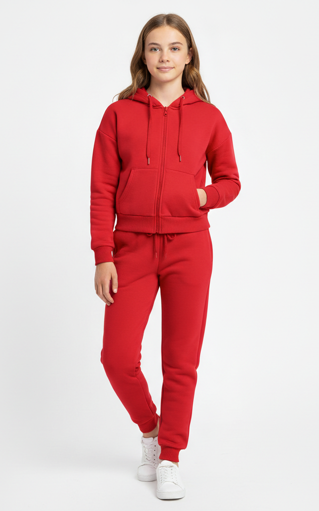 Zipper Hoodie Tracksuit for Girls – Stylish & Cozy Everyday Red