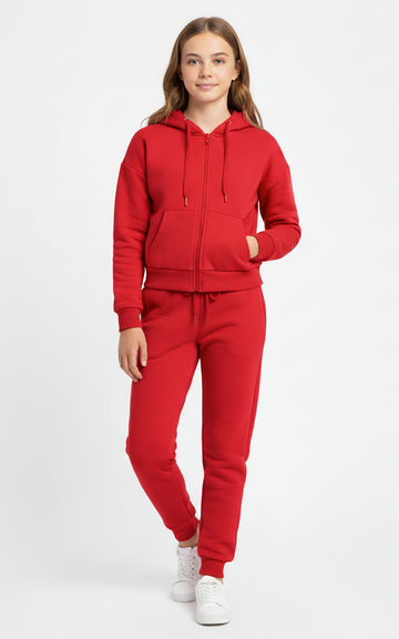 Zipper Hoodie Tracksuit for Girls – Stylish & Cozy Everyday Red