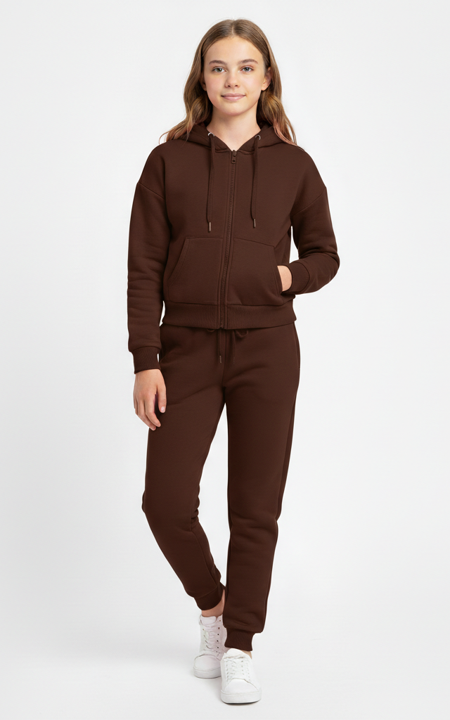 Zipper Hoodie Tracksuit for Girls – Stylish & Cozy Everyday Chocolate Brown