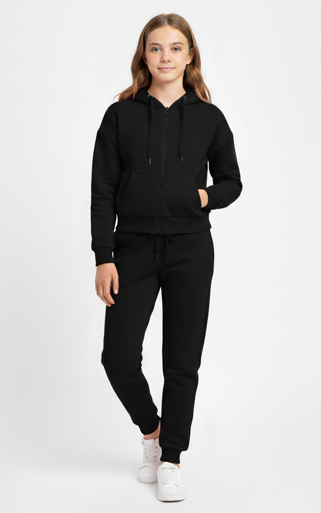 Zipper Hoodie Tracksuit for Girls – Stylish & Cozy Everyday Black