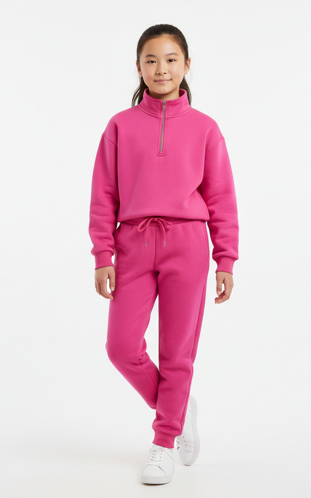 Quarter-Zip Sweatshirt Tracksuit for Girls – Trendy & Comfortable Pink