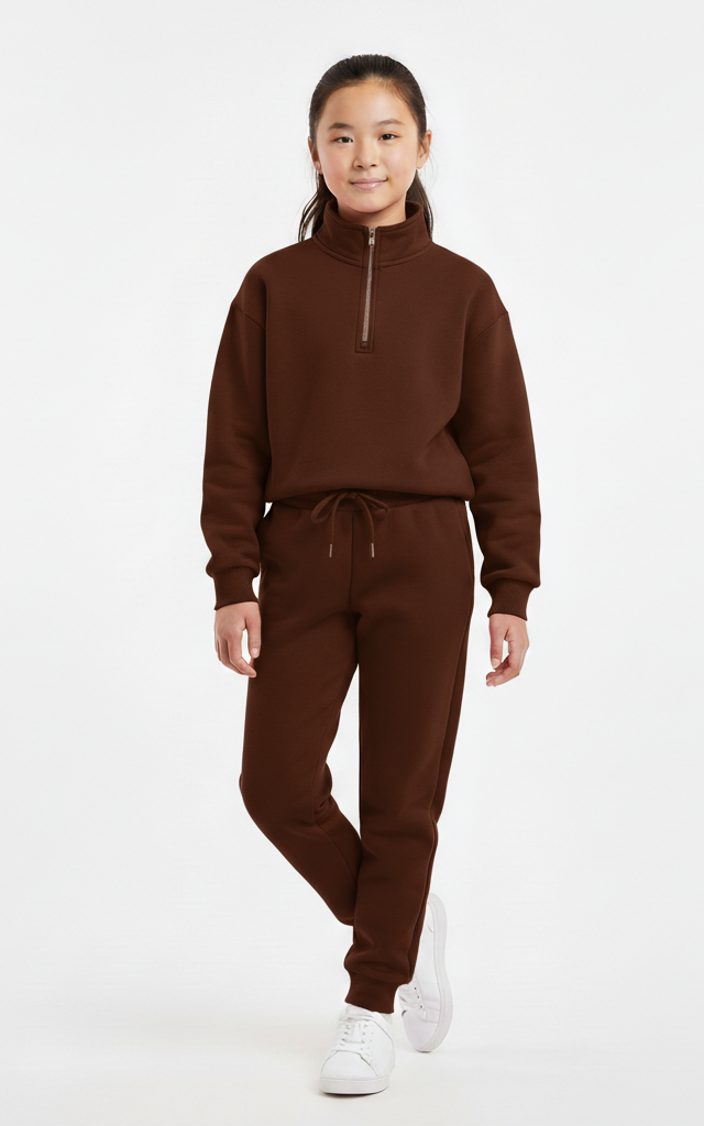 Quarter-Zip Sweatshirt Tracksuit for Girls – Trendy & Comfortable Chocolate Brown
