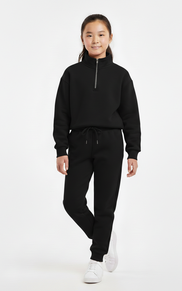 Quarter-Zip Sweatshirt Tracksuit for Girls – Trendy & Comfortable Black