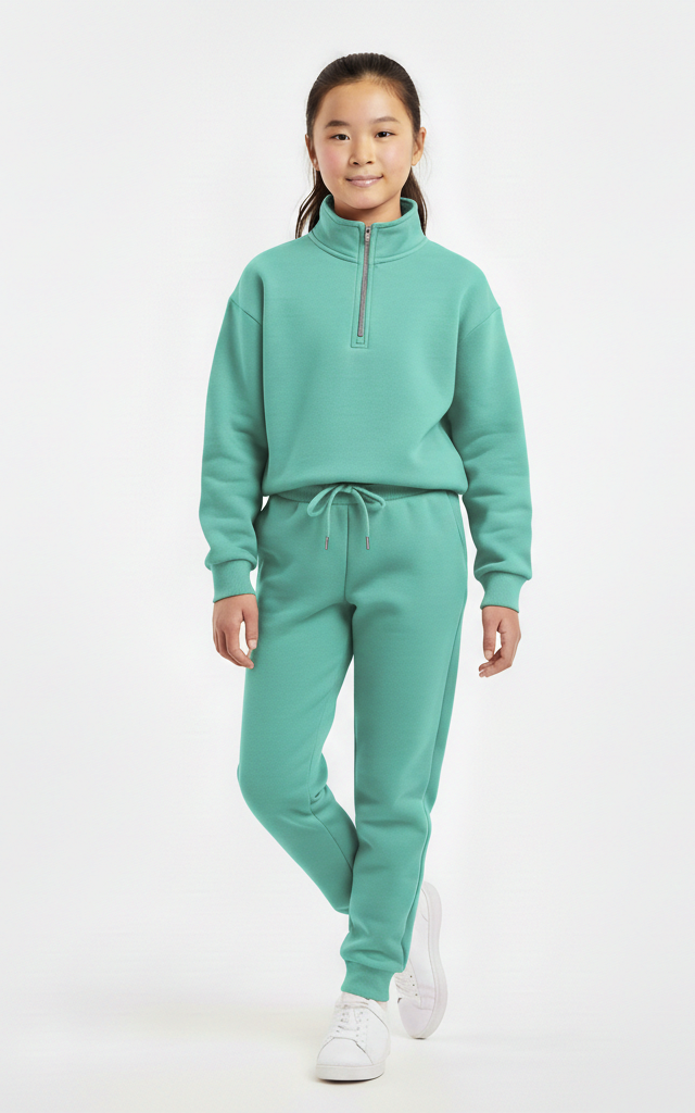 Quarter-Zip Sweatshirt Tracksuit for Girls – Trendy & Comfortable See Green