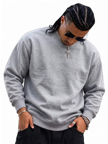 Men Heather Grey Crew Neck Sweatshirt – Plain Long Sleeve Fleece Jumper with Ribbed Cuffs and Hem | SKM Fashion UK