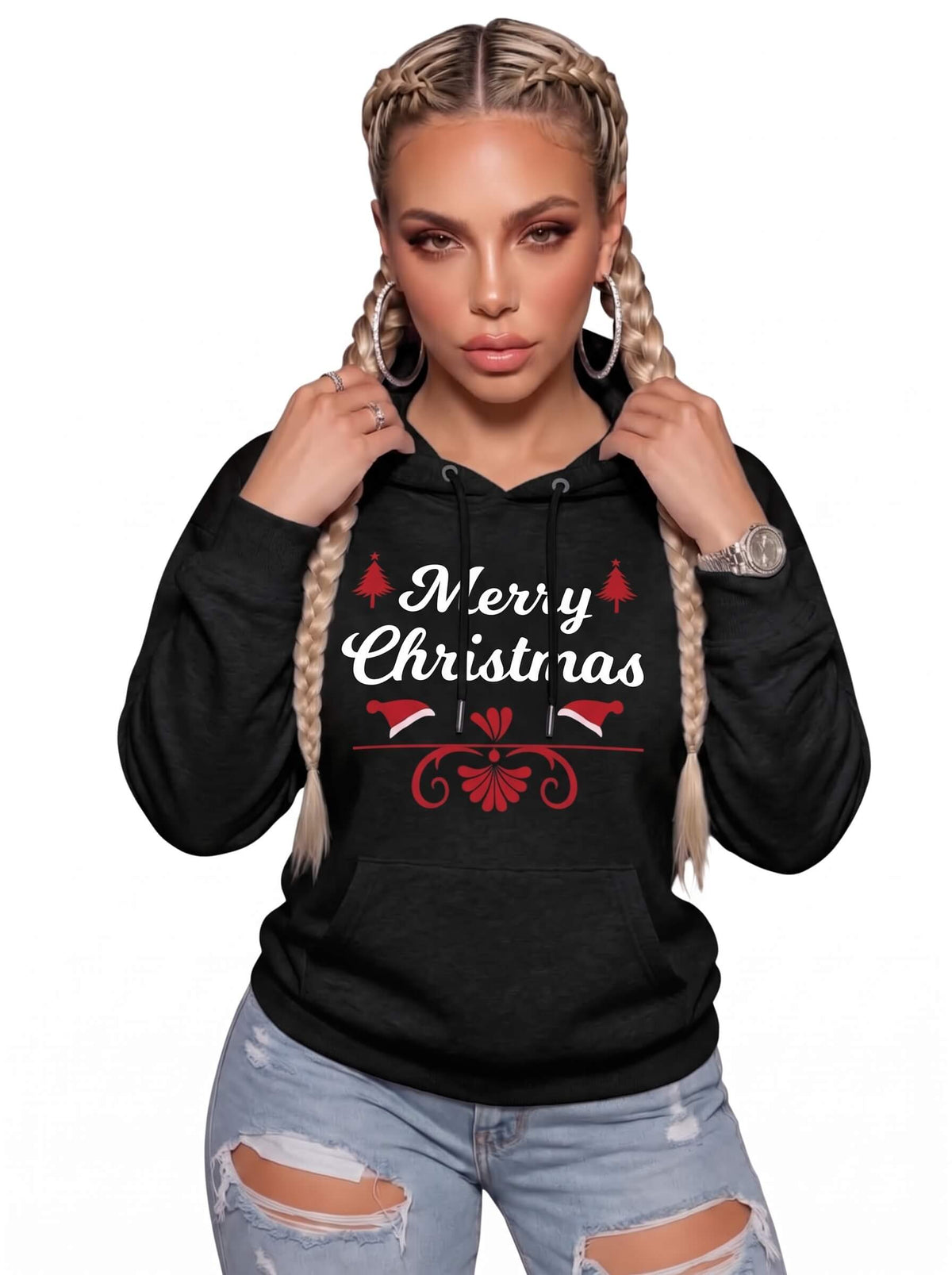 Merry Christmas hoodie women black - festive print with tree and Santa hat design - SKM UK