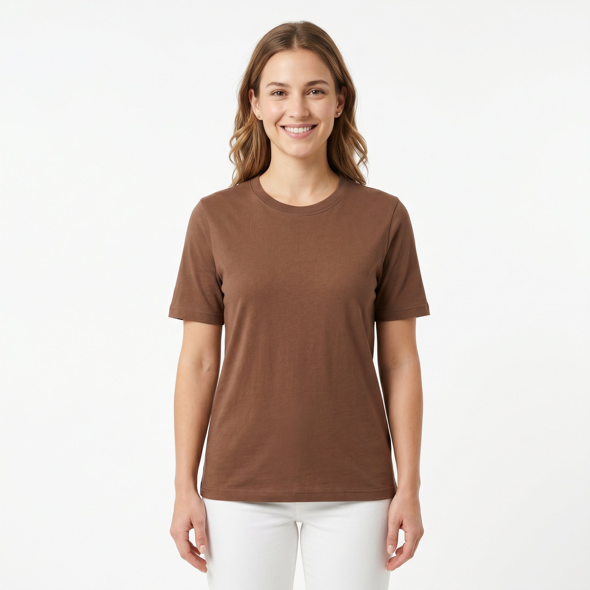 Women's 100% Cotton T-Shirt | Soft Breathable Crew Neck Basic Tee | Everyday Casual Essential Top Brown