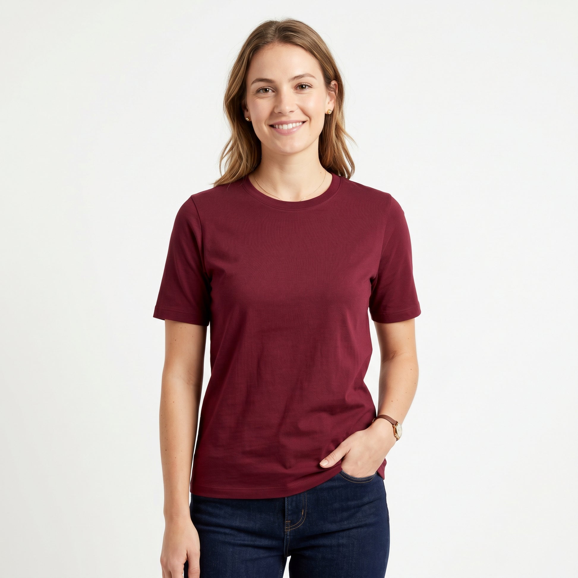Women's 100% Cotton T-Shirt | Soft Breathable Crew Neck Basic Tee | Everyday Casual Essential Top Burgandy