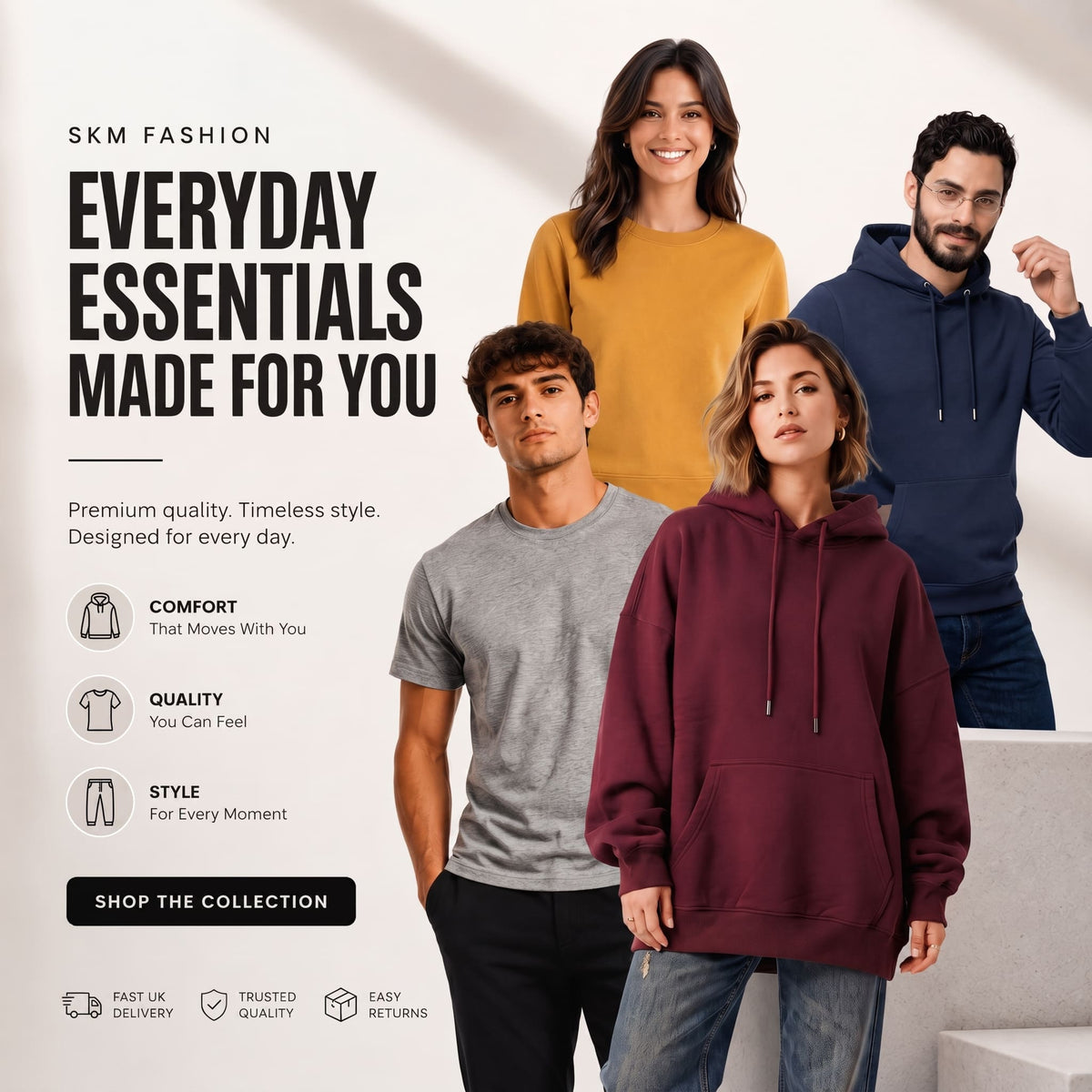 SKM Fashion UK men's and women's clothing collection featuring T-shirts, hoodies and sweatshirts