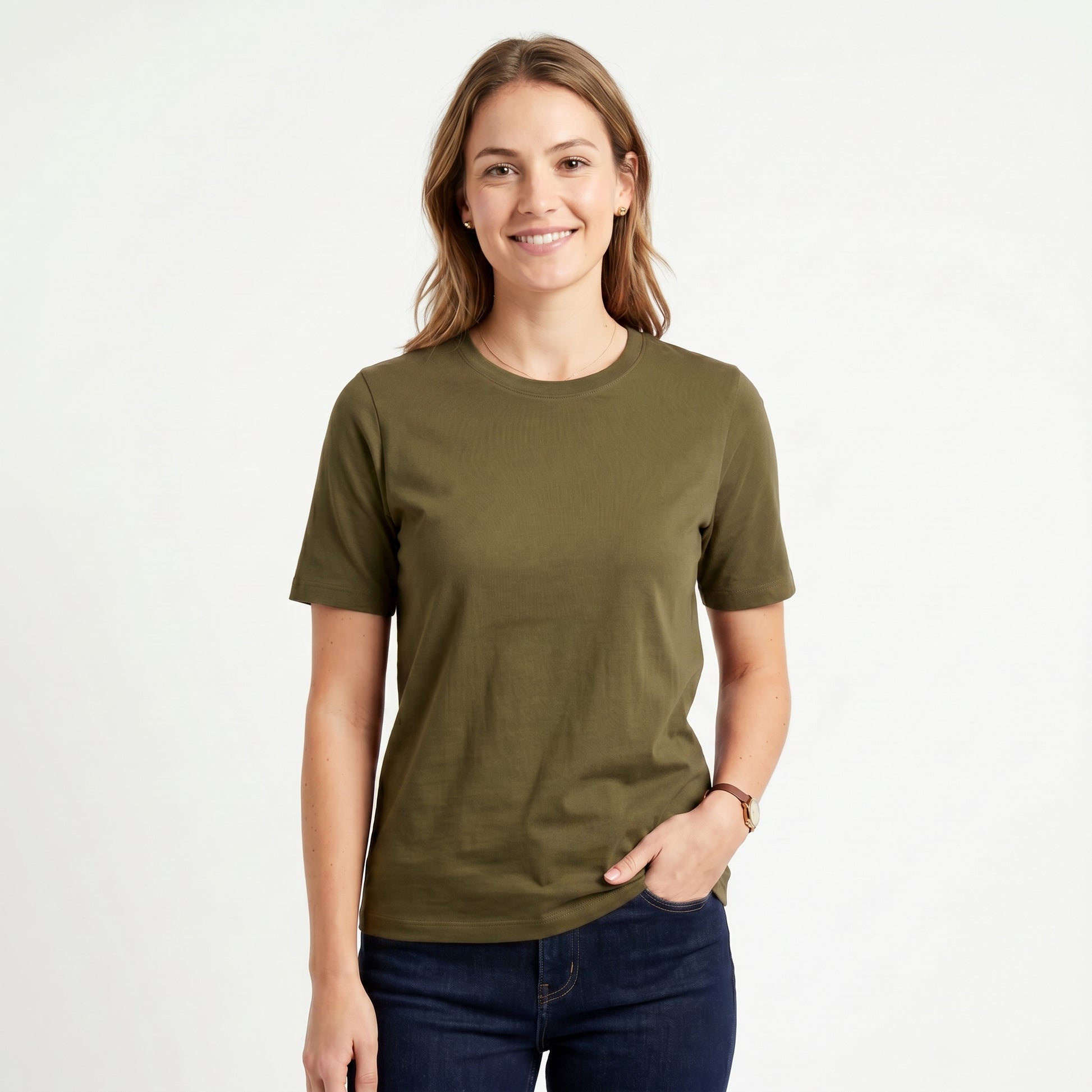Women's 100% Cotton T-Shirt | Soft Breathable Crew Neck Basic Tee | Everyday Casual Essential Top Olive Green