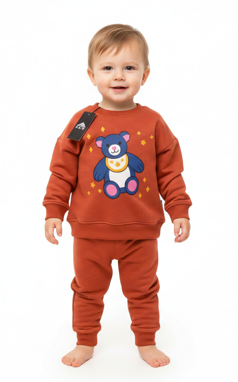 Bear Sweat Shirt With Plain Jogger For Kid's Orange