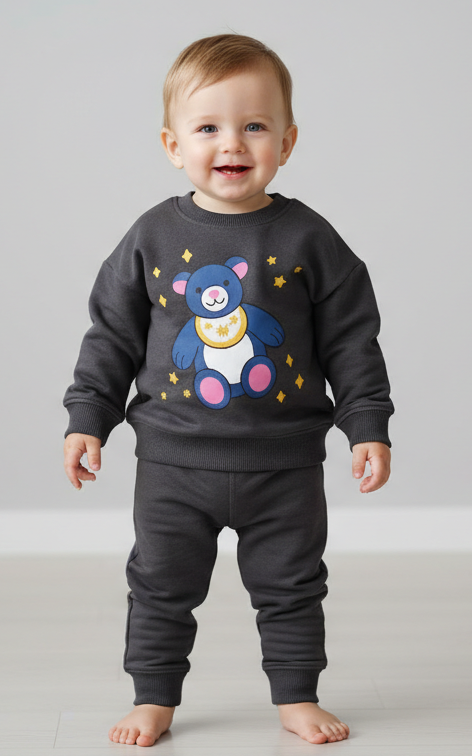 Bear Sweat Shirt With Plain Jogger For Kid's Charcoal