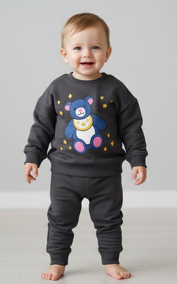Bear Sweat Shirt With Plain Jogger For Kid's Charcoal