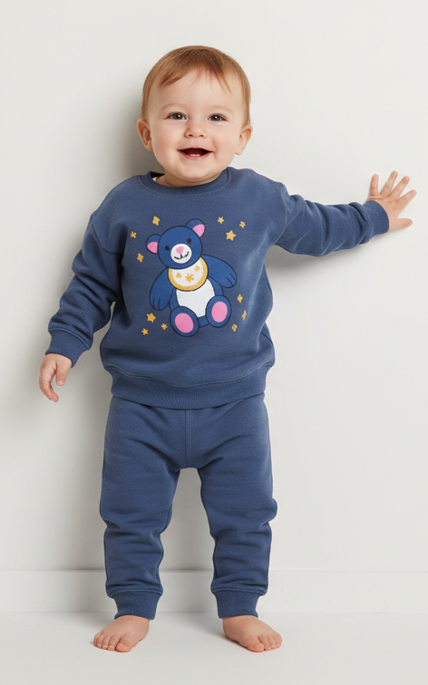 Bear Sweat Shirt With Plain Jogger For Kid's Blue