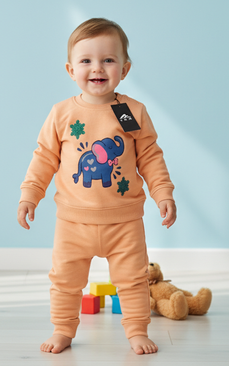 Elephant Sweat Shirt With Jogger For Kid's Yellow