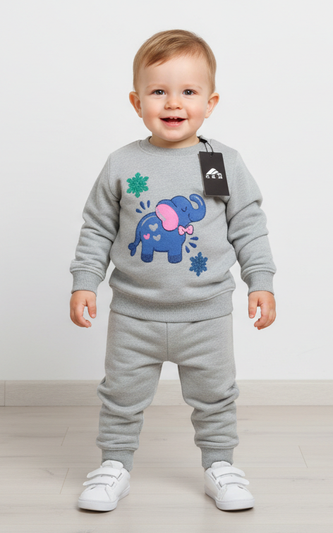 Elephant Sweat Shirt With Jogger For Kid's Grey