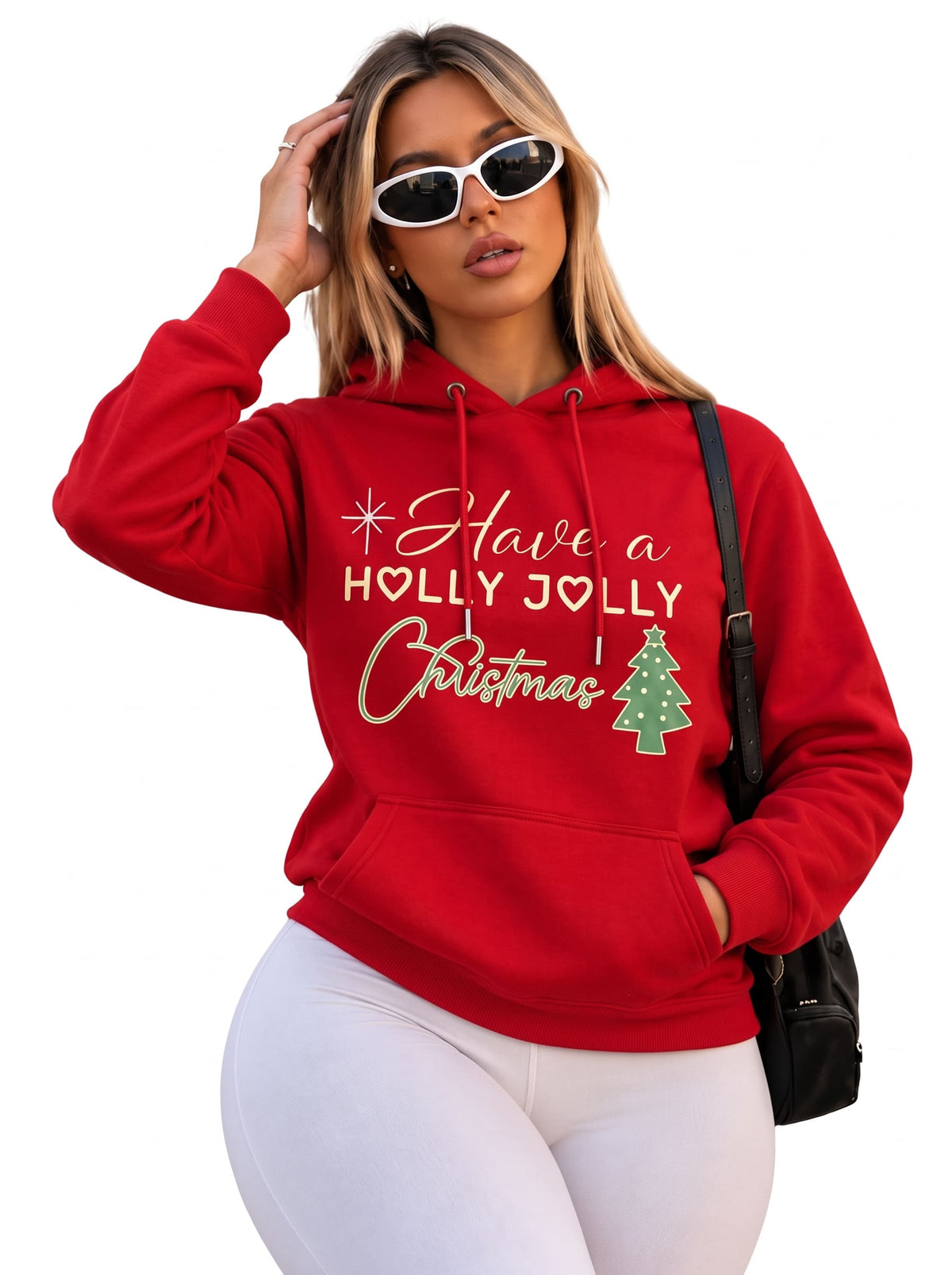 Women Christmas hoodie red - Holly Jolly Christmas print with tree graphic - SKM UK