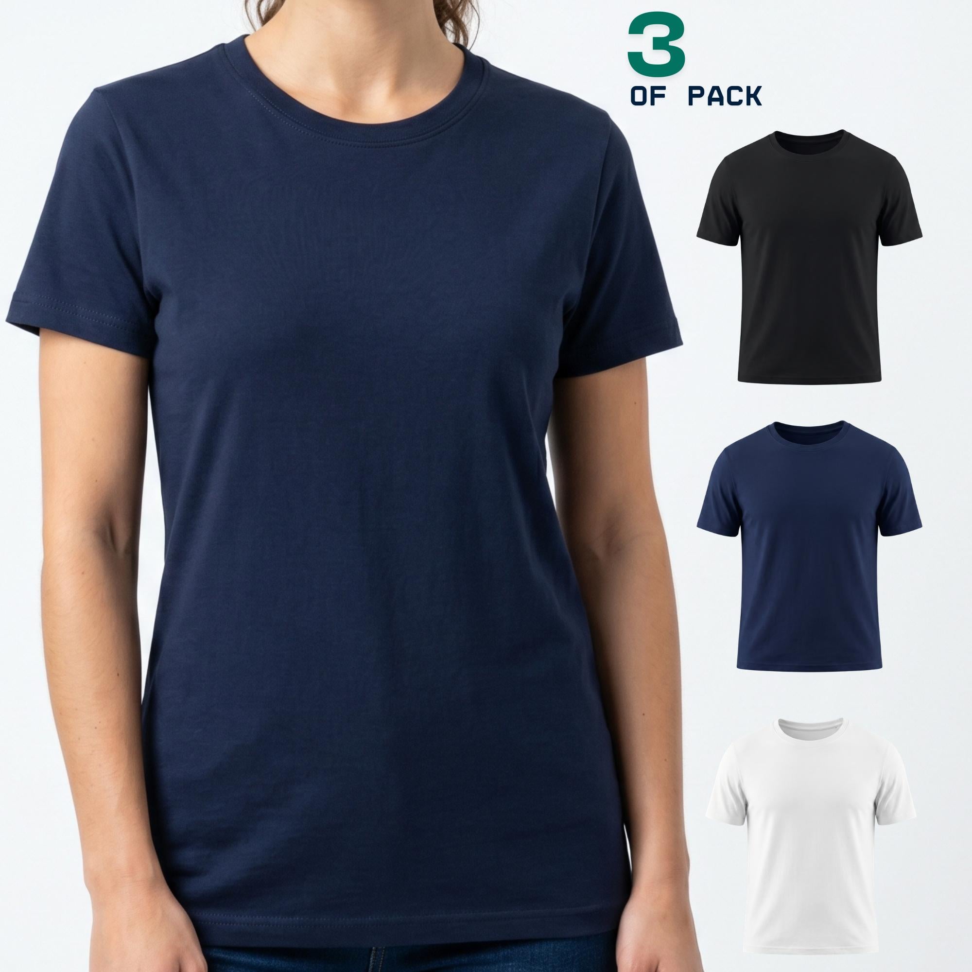 3 Pack Women's 100% Cotton T-Shirts | Soft Breathable Crew Neck Everyday Essential Tees Black Navy White