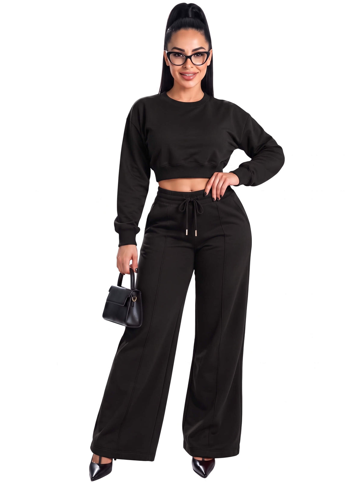 Women Cropped Sweatshirt Flared Tracksuit | SKM