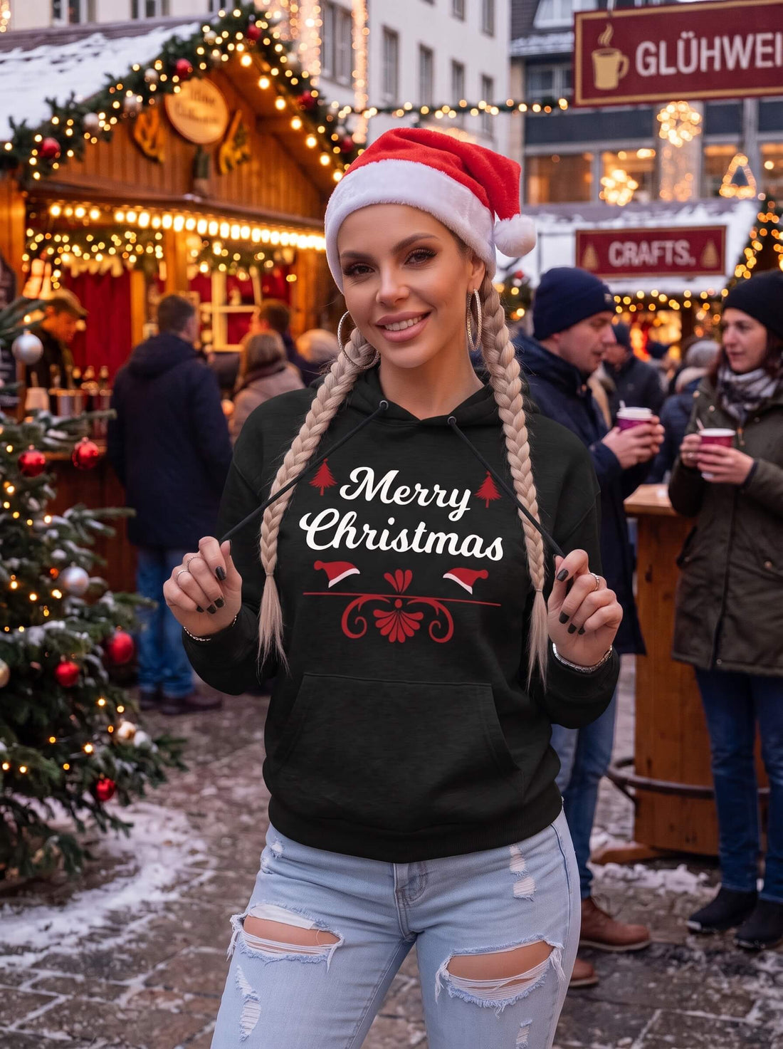 Merry Christmas hoodie women black - festive print with tree and Santa hat design - SKM UK