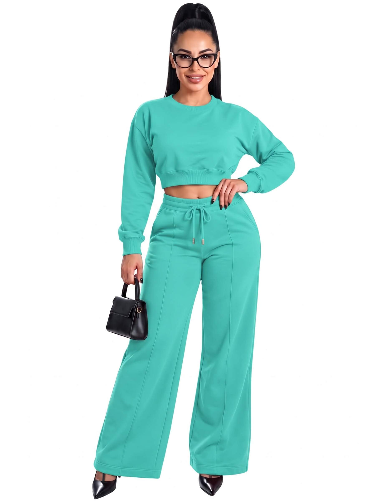 Women Cropped Sweatshirt Flared Tracksuit | SKM