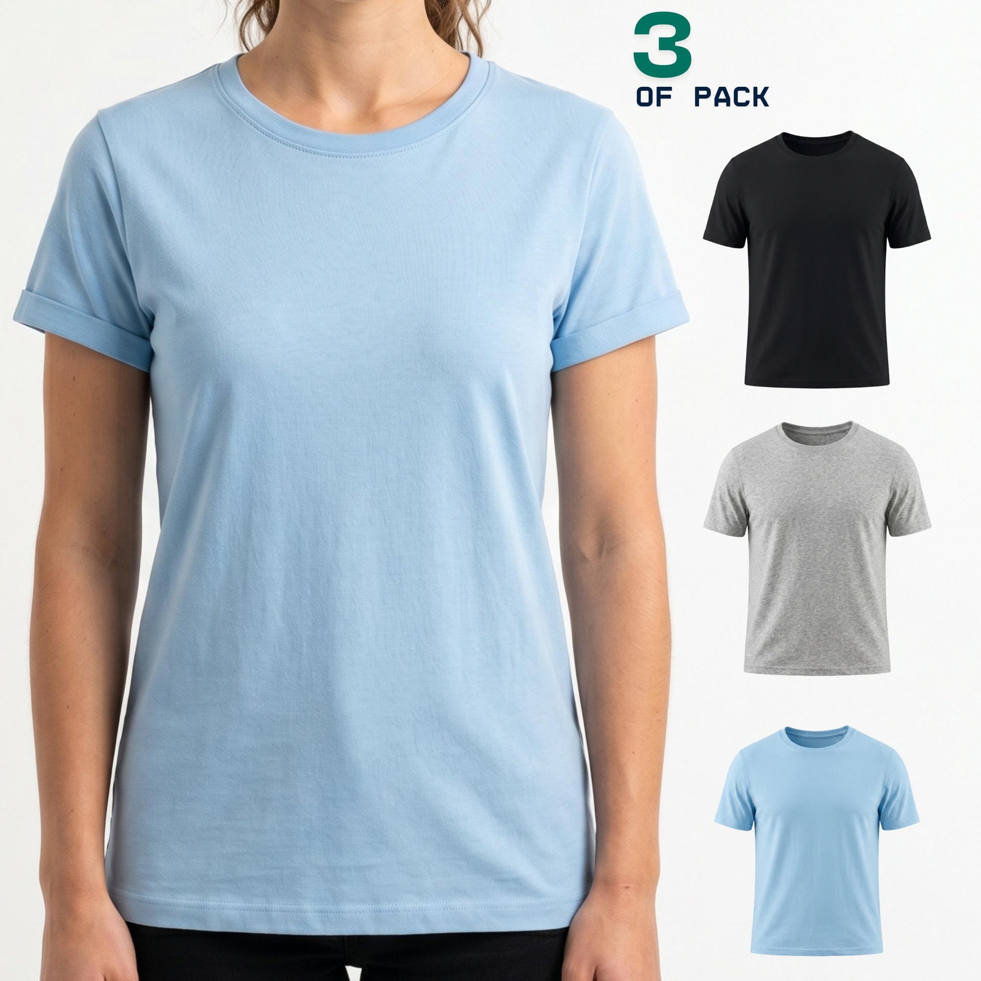 3 Pack Women's 100% Cotton T-Shirts | Soft Breathable Crew Neck Everyday Essential Tees Black Sky Grey
